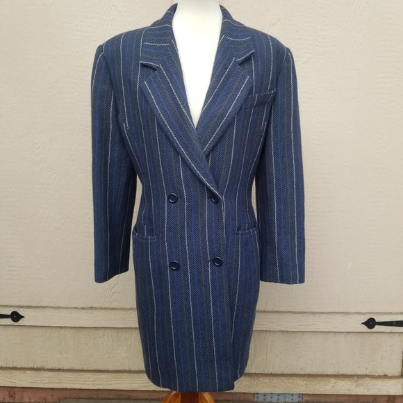 Vintage Missoni Donna Blue Pinstripe Double Breasted Wool Coat - Picture 2 of 9
